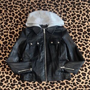 Alivia Ford Stylish Black Faux Leather Jacket w/ Gray Hood size small